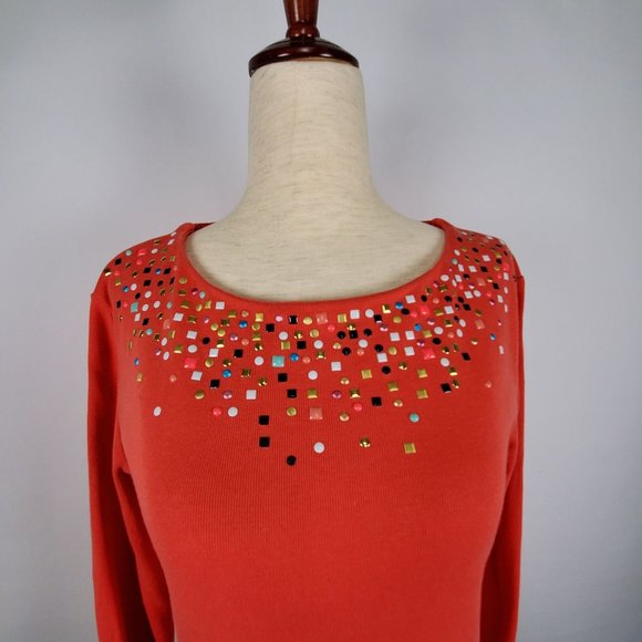 Rafaella Women tops sz S coral 3/4 sleeve embellished  cotton - Picture 5 of 6